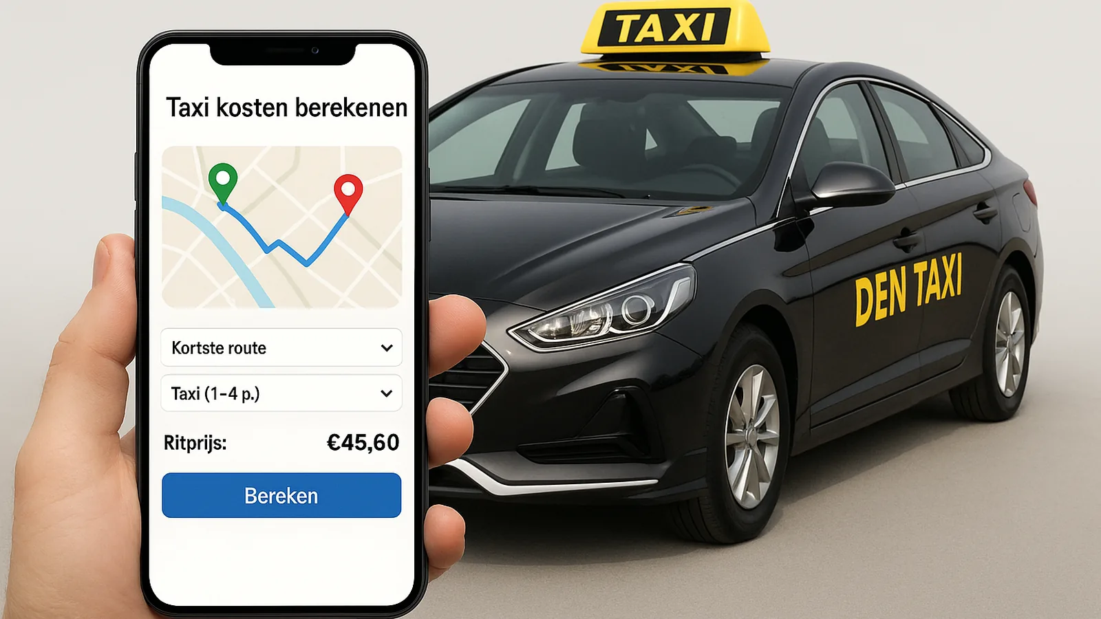 Smartphone met ritprijs-calculator naast een zwarte Den Taxi.