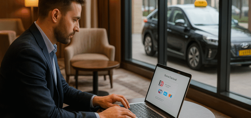 Klant boekt Schiphol taxi online in hotel lobby met taxi zichtbaar door de ramen.