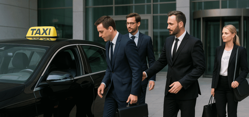 Drie zakenmensen stappen in een zwarte taxi buiten een conferentiegebouw, chauffeur assisteert – Den Taxi zakelijk vervoer Enkhuizen en West-Friesland